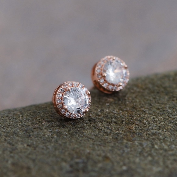 Clear Glass Crystal Dainty Rose Gold Plated Stud Earrings - Picture 5 of 7